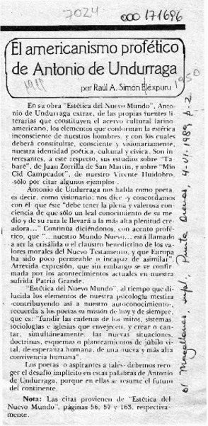 El americanismo profético de Antonio de Undurraga  [artículo] Raúl A. Simón Eléxpuru.
