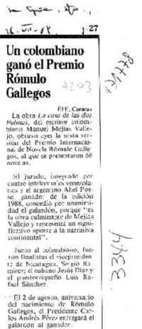 Un Colombiano ganó el premio Rómulo Gallegos  [artículo].