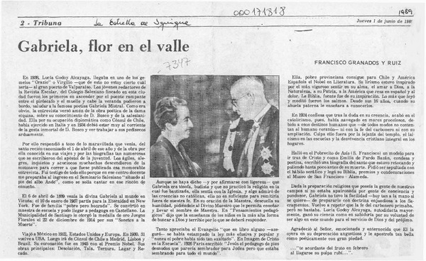 Gabriela, flor en el valle  [artículo] Francisco Granados y Ruiz.