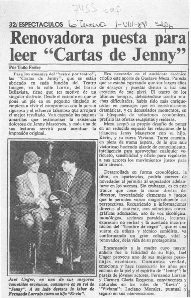 Renovadora puesta para leer "Cartas de Jenny"  [artículo] Toño Freire.
