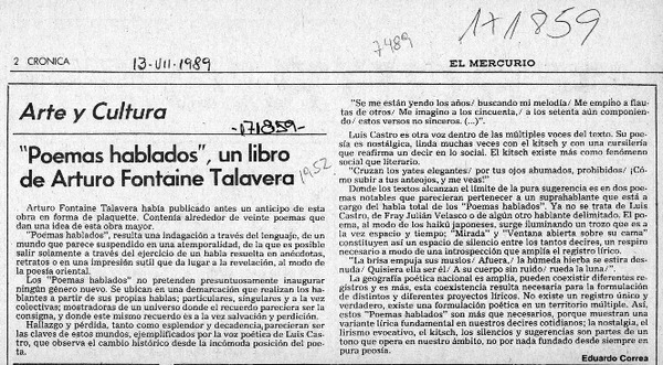"Poemas hablados", un libro de Arturo Fontaine Talavera  [artículo] Eduardo Correa.