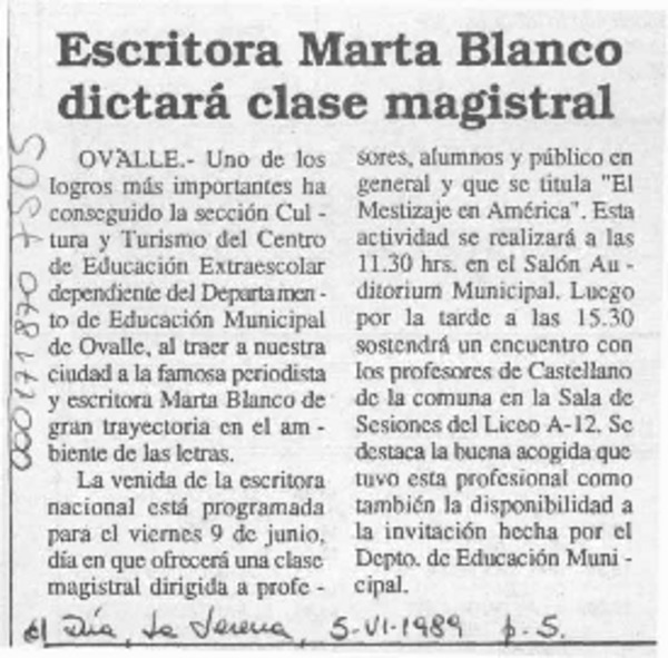 Escritora Marta Blanco dictará clase magistral  [artículo].