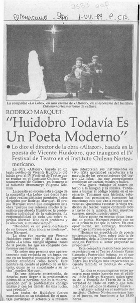 Rodrigo Marquet: "Huidobro todavía es un poeta moderno"  [artículo].