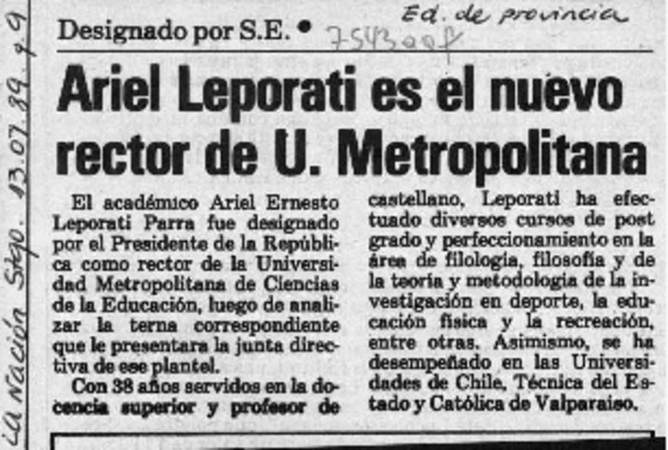 Ariel Leporati es el nuevo Rector de U. Metropolitana  [artículo].