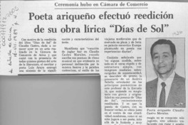 Poeta ariqueño efectuó reedición de su obra lírica "Días de sol"  [artículo].