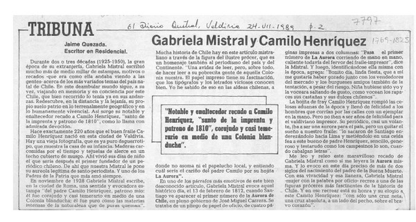 Gabriela Mistral y Camilo Henríquez  [artículo] Jaime Quezada.