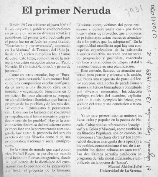 El primer Neruda  [artículo] Manuel Alcides Jofré.