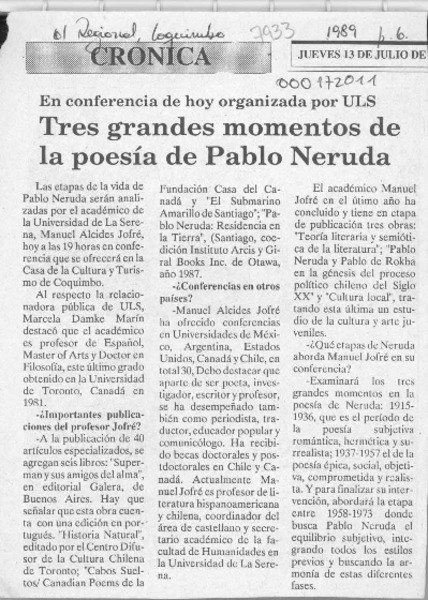 Tres grandes momentos de la poesía de Pablo Neruda  [artículo].