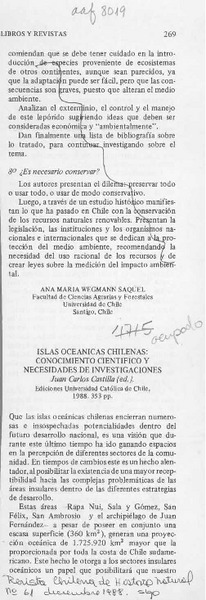 Islas oceánicas chilenas, conocimiento científico y necesidades de investigaciones  [artículo] Juan Carlos Cárdenas.