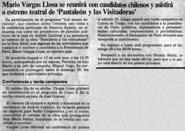 Mario Vargas Llosa se reunirá con candidatos chilenos y asistirá a estreno teatral de "Pantaleón y las visitadoras"