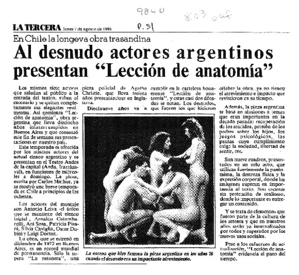 Al desnudo actores argentinos presentan "Lección de anatomía"  [artículo].