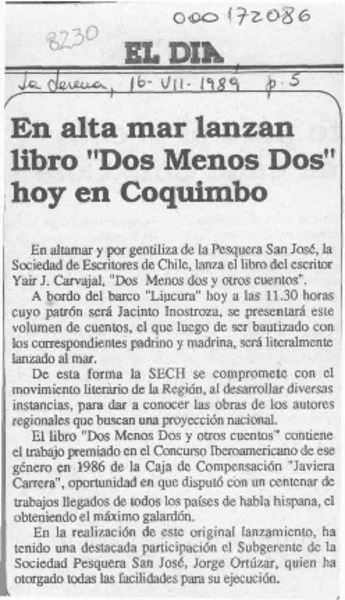 En alta mar lanzan libro "Dos menos dos" hoy en Coquimbo  [artículo].