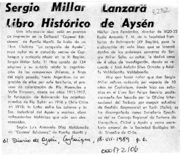 Sergio Millar lanzará libro histórico de Aysén  [artículo].