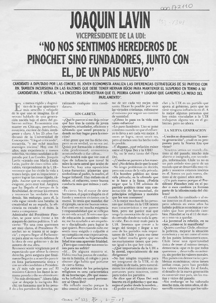 "No nos sentimos herederos de Pinochet sino fundadores, junto con él, de un país nuevo"  [artículo] Elinor Comandari.