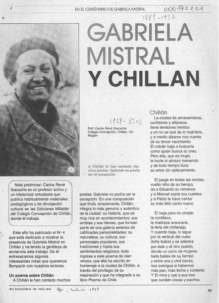 Gabriela Mistral y Chillán  [artículo] Carlos René Ibacache.