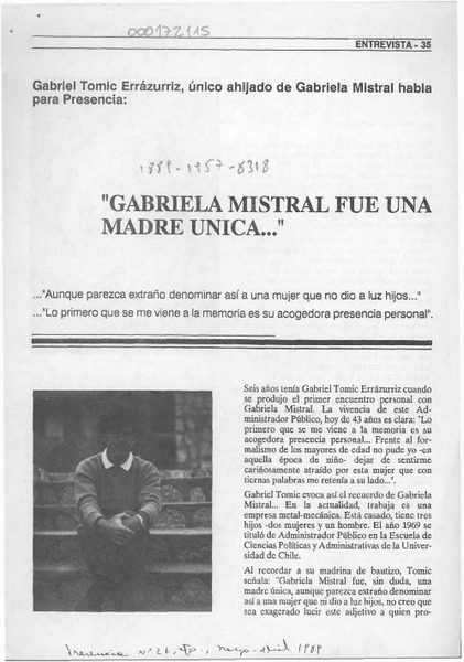 "Gabriela Mistral fue una madre única -- "  [artículo] Gabriel Tomic Errázurriz.