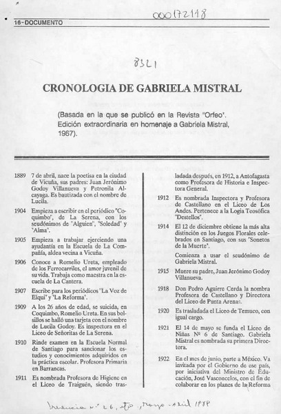 Cronología de Gabriela Mistral  [artículo].