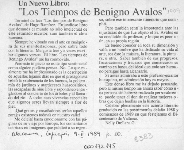 "Los tiempos de Benigno Avalos"  [artículo] Nelly Orellana G.