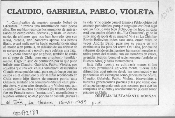 Claudio, Gabriela, Pablo, Violeta  [artículo] Orfelia Bustamante Donnay.