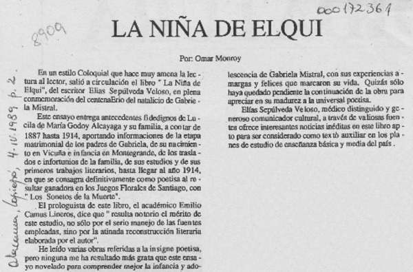 La niña de Elqui  [artículo] Omar Monroy.