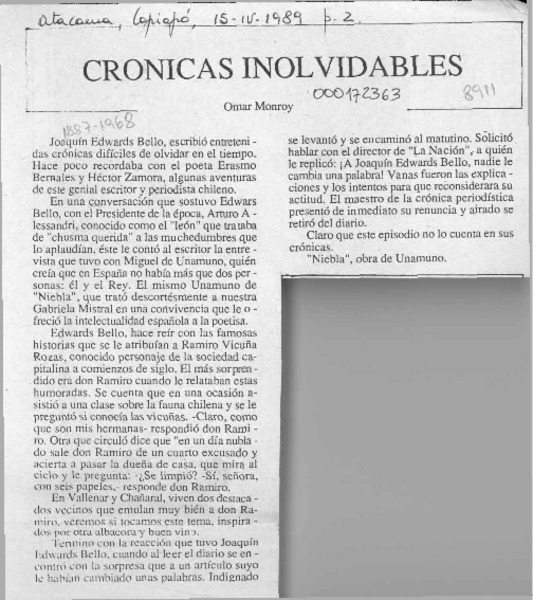 Crónicas inolvidables  [artículo] Omar Monroy.