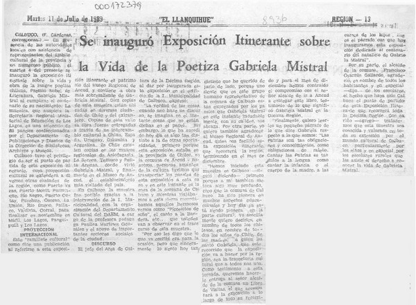Se inauguró exposición itinerante sobre la vida de la poetisa Gabriela Mistral  [artículo] F. Cárdenas.