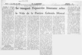 Se inauguró exposición itinerante sobre la vida de la poetisa Gabriela Mistral  [artículo] F. Cárdenas.