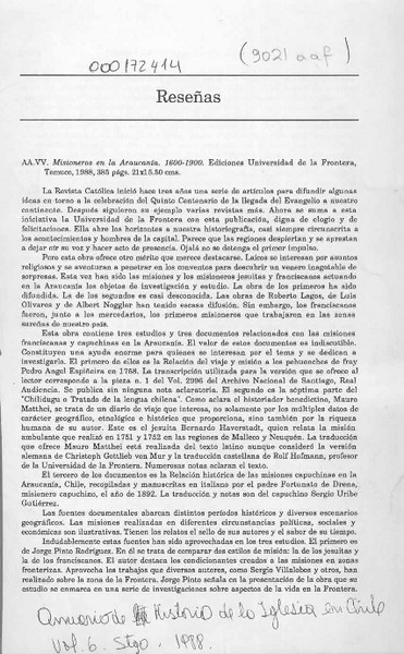 Misioneros en la Araucanía, 1600-1900  [artículo] Marciano Barrios Valdés.