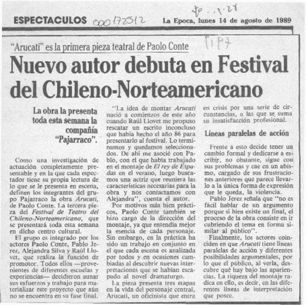 Nuevo autor debuta en festival del Chileno-Norteamericano  [artículo].
