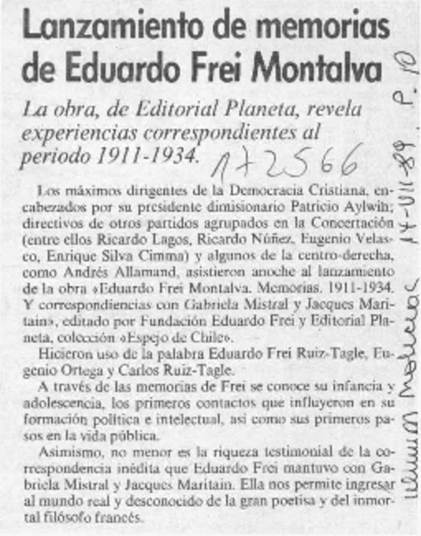 Lanzamiento de memorias de Eduardo Frei Montalva  [artículo].