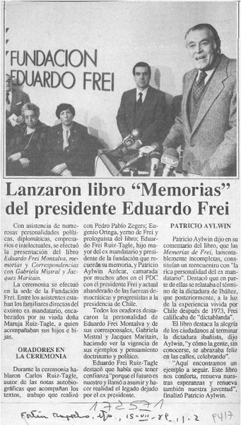 Lanzaron libro "Memorias" del presidente Eduardo Frei  [artículo].