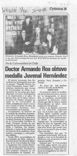 Doctor Armando Roa obtuvo medalla Juvenal Hernández  [artículo].