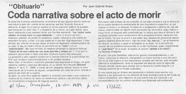 Coda narrativa sobre el acto de morir  [artículo] Juan Gabriel Araya.