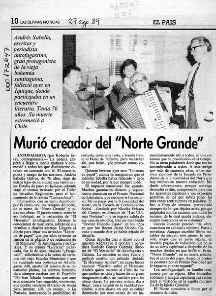 Murió creador del "Norte Grande"  [artículo] Roberto Estay.