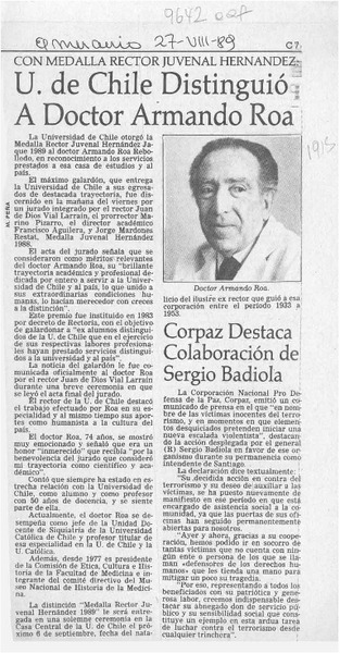U. de Chile distinguió a Doctor Armando Roa  [artículo].