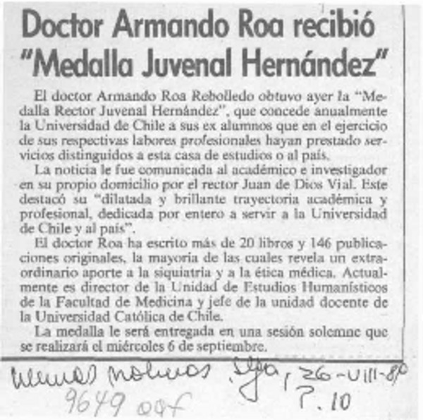 Doctor Armando Roa recibió "Medalla Juvenal Hernández  [artículo].