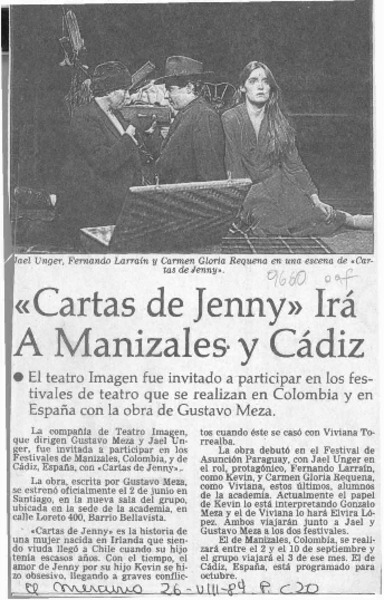 "Cartas de Jenny" irá a Manizales y Cádiz  [artículo].