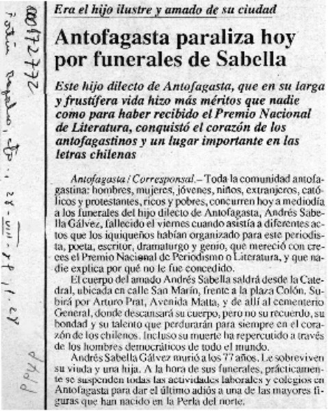 Antofagasta paraliza hoy por funerales de Sabella  [artículo].