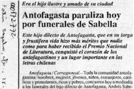 Antofagasta paraliza hoy por funerales de Sabella  [artículo].
