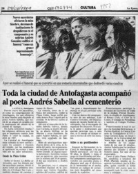 Toda la ciudad de Antofagasta acompañó al poeta Andrés Sabella al cementerio  [artículo].
