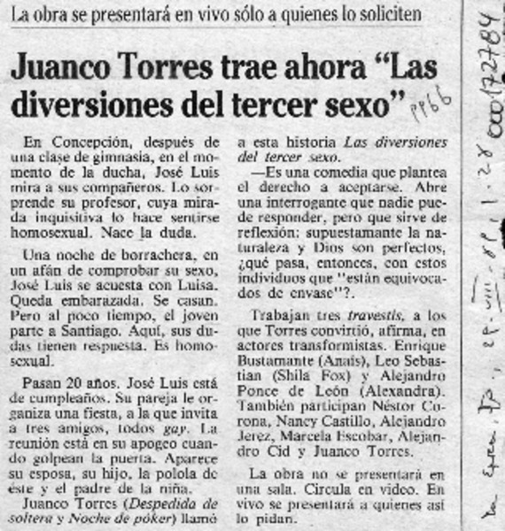 Juanco Torres trae ahora "Las diversiones del tercer sexo"  [artículo].