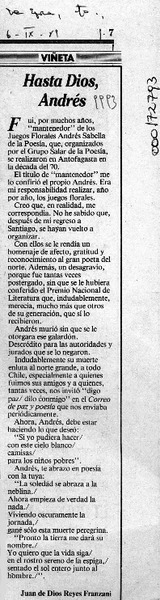 Hasta Dios, Andrés  [artículo] Juan de Dios Reyes Franzani.