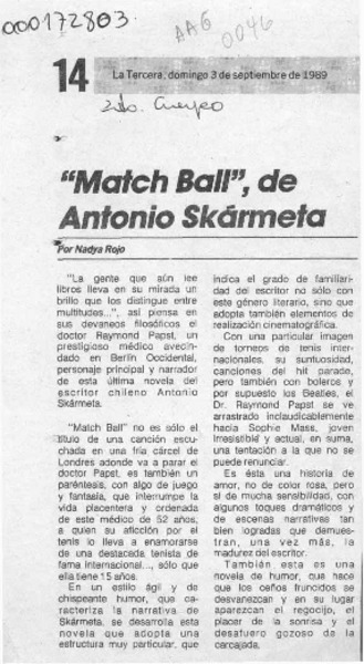 "Match Ball", de Antonio Skármeta  [artículo] Nadya Rojo.