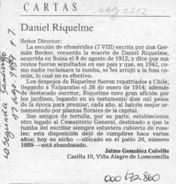 Daniel Riquelme  [artículo] Jaime González Colville.