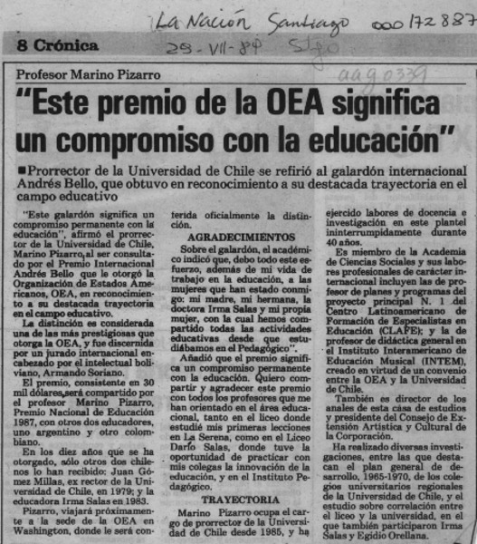 "Este premio de la OEA significa un compromiso con la educación"  [artículo].