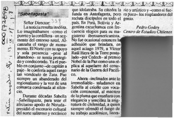 "Sabellagasta"  [artículo] Pedro Godoy.