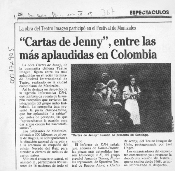 "Cartas de Jenny", entre las más aplaudidas en Colombia  [artículo].