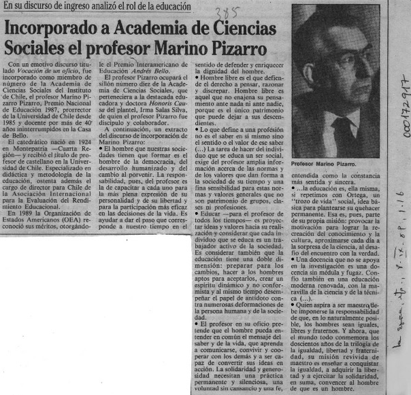 Incorporado a Academia de Ciencias Sociales el profesor Marino Pizarro  [artículo].