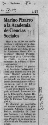 Marino Pizarro a la Academia de Ciencias Sociales  [artículo].