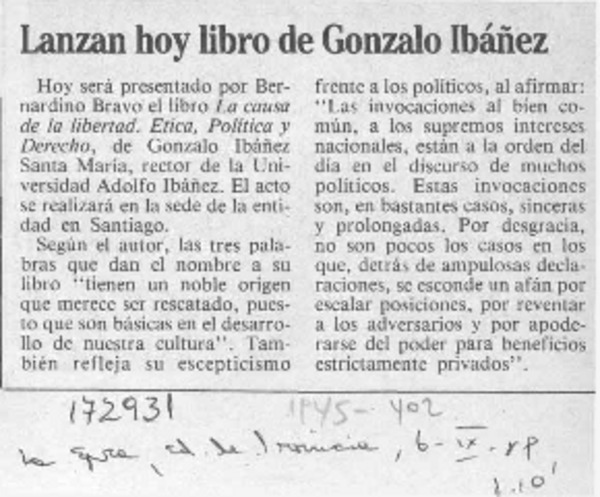 Lanzan hoy libro de Gonzalo Ibáñez  [artículo].